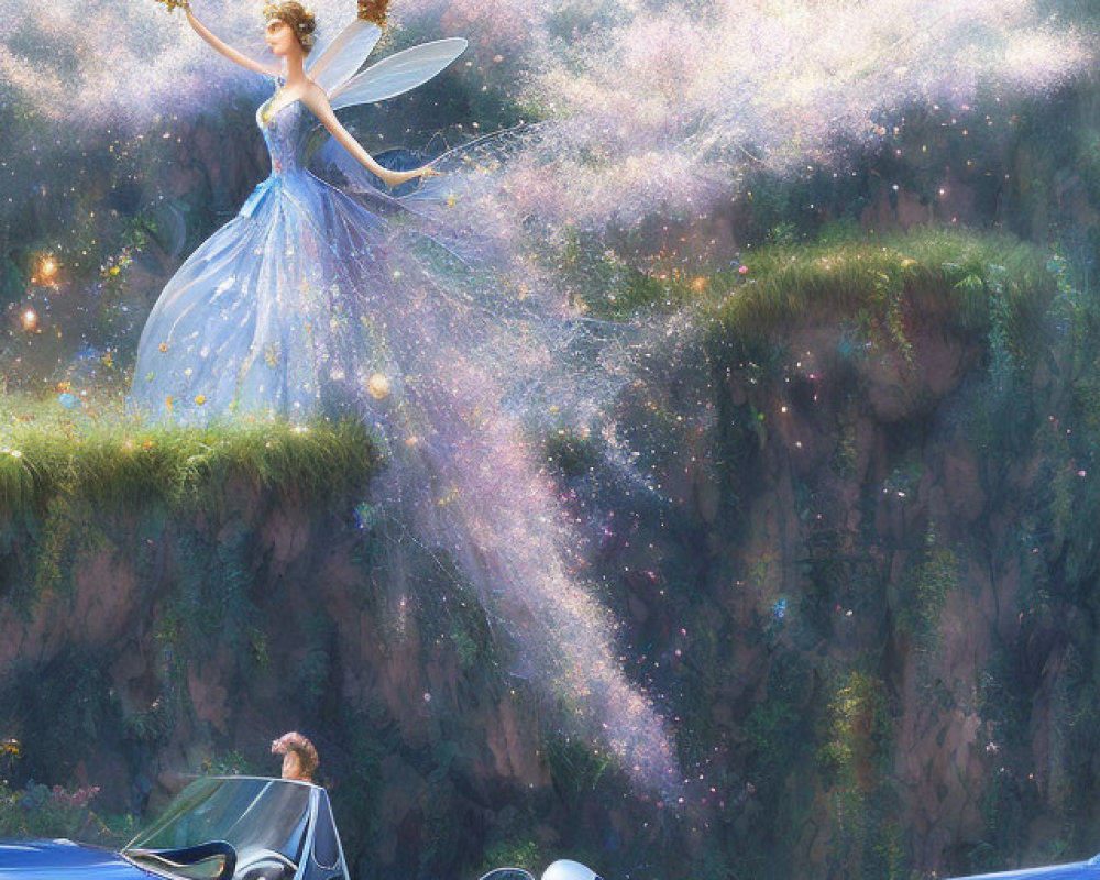 Whimsical artwork of fairy with translucent wings above blue convertible in lush landscape