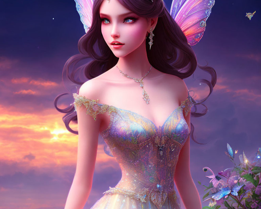 Iridescent fairy art with sparkling dress in twilight sky