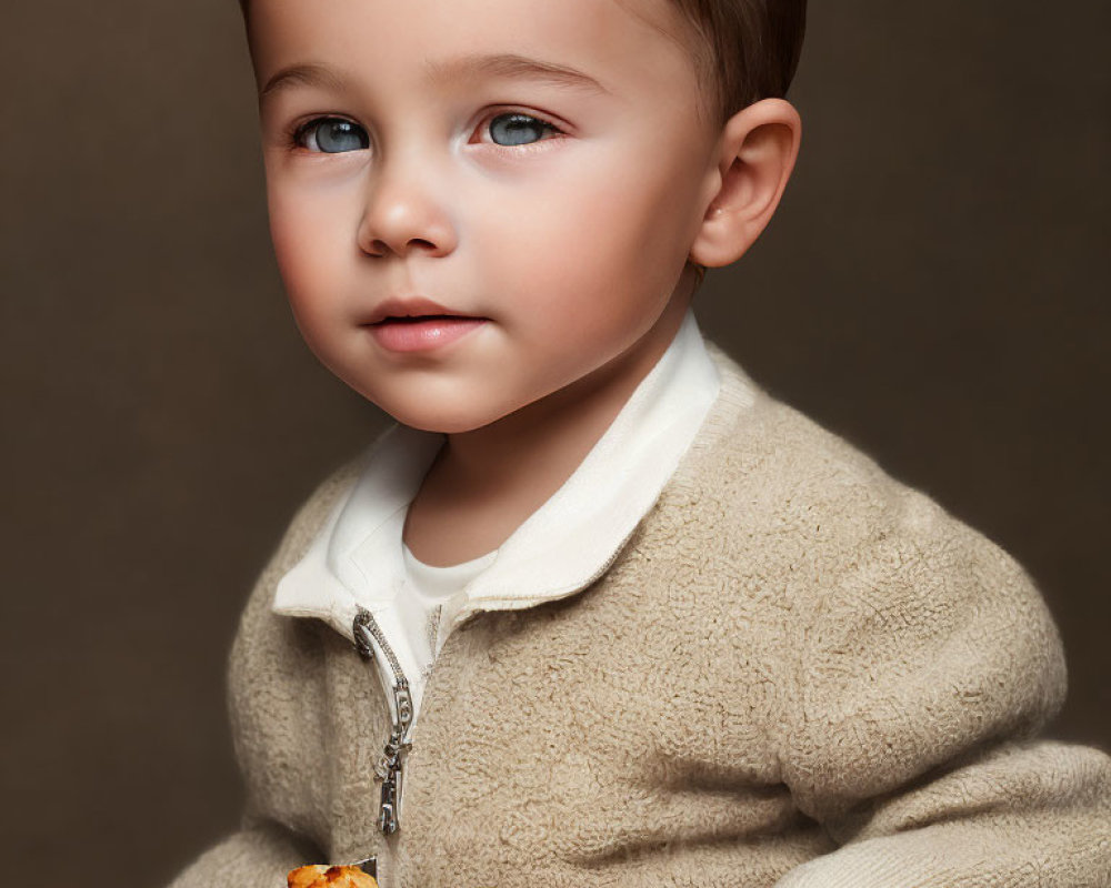 Thoughtful toddler in beige sweater on brown background