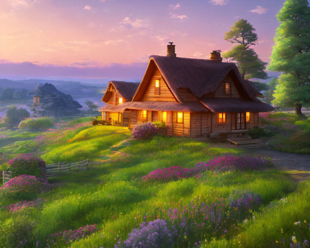 Tranquil sunset over charming wooden cottage in floral meadows