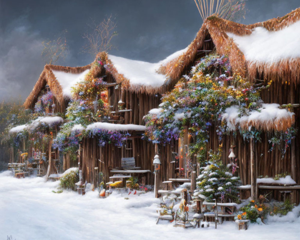 Snow-covered village with thatched roof houses and Christmas decorations in serene wintry landscape