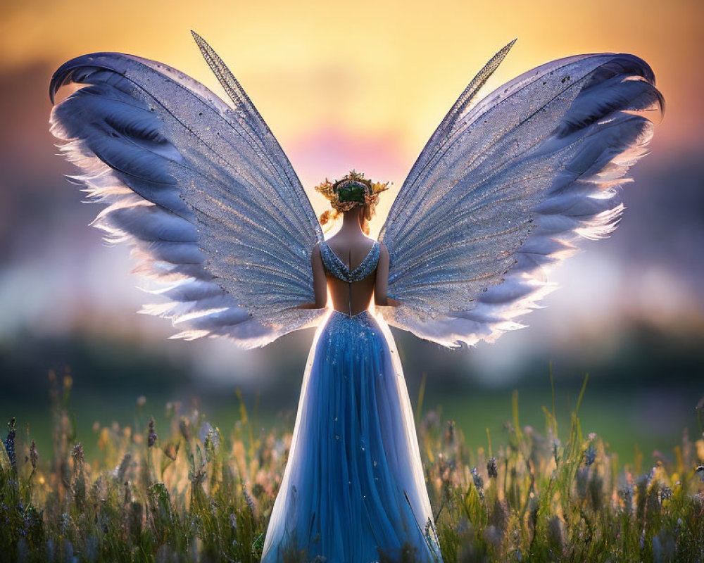 Person with illuminated angel wings in blue dress at sunset field