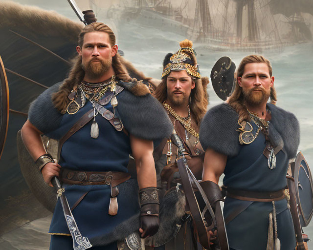 Three Viking warriors in traditional armor with weapons, longship in misty background
