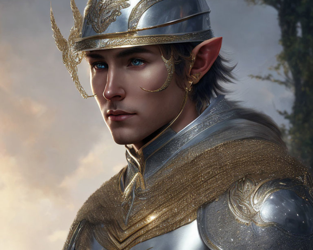 Elf portrait with pointed ears and silver helmet with gold accents.
