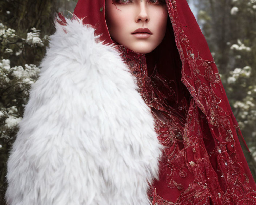 Person in Red and Gold Headpiece in Snowy Forest