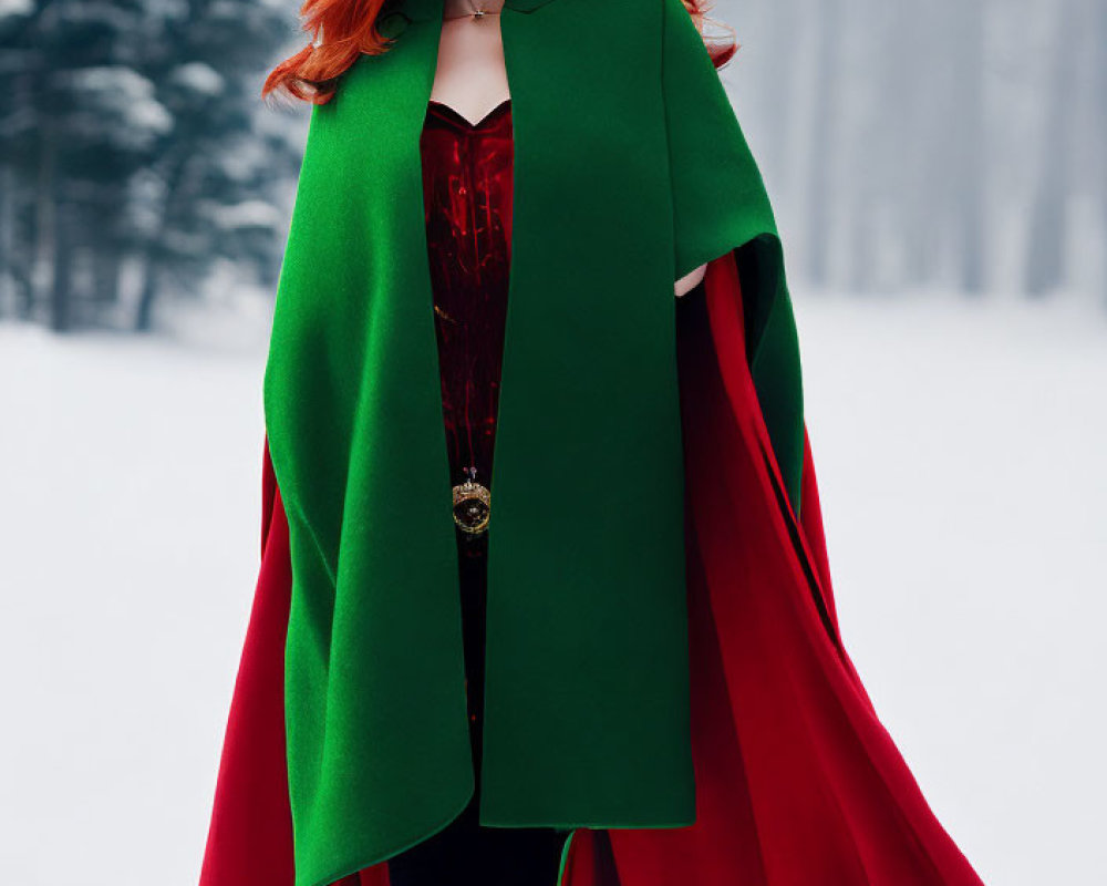 Vibrant red-haired woman in green and red cloak in snow-covered forest