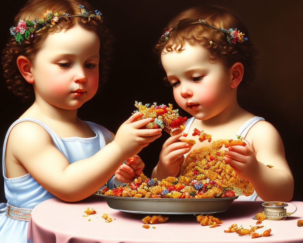 Young children with floral crowns eating colorful cereal on pink table