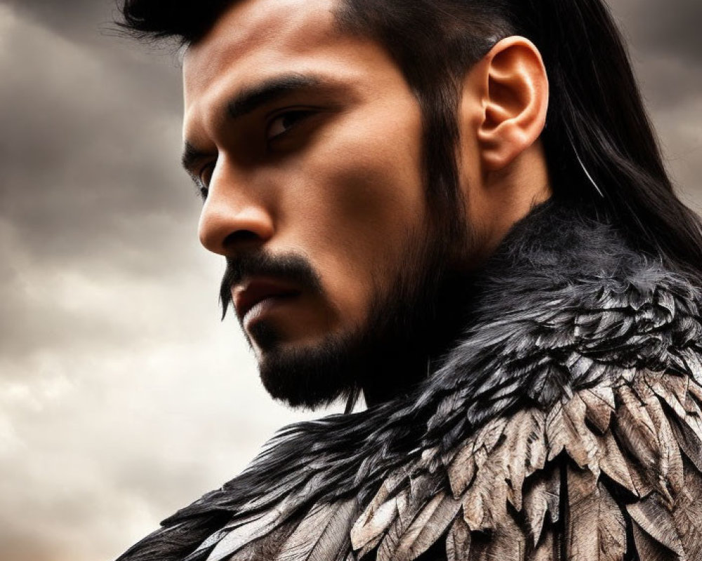 Person with stern expression wearing dark feathered shoulder piece against stormy sky