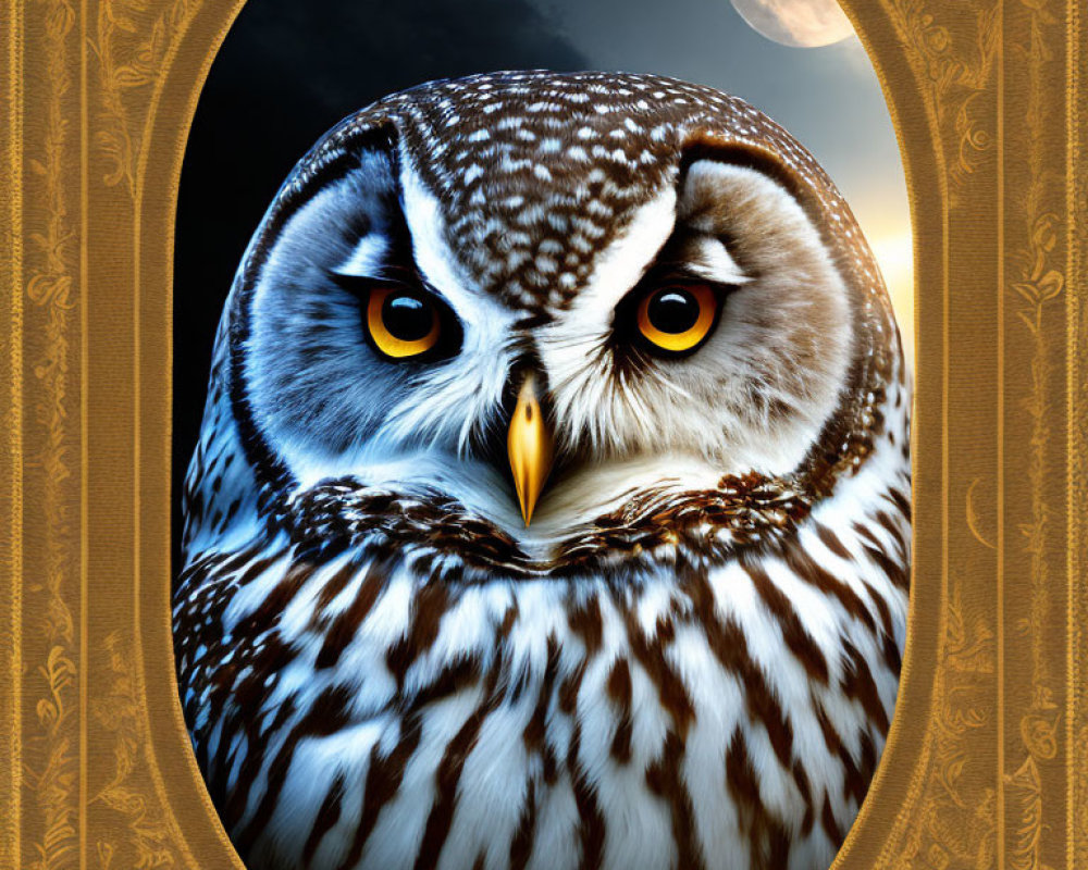 Detailed owl with yellow eyes in golden frame on night sky backdrop
