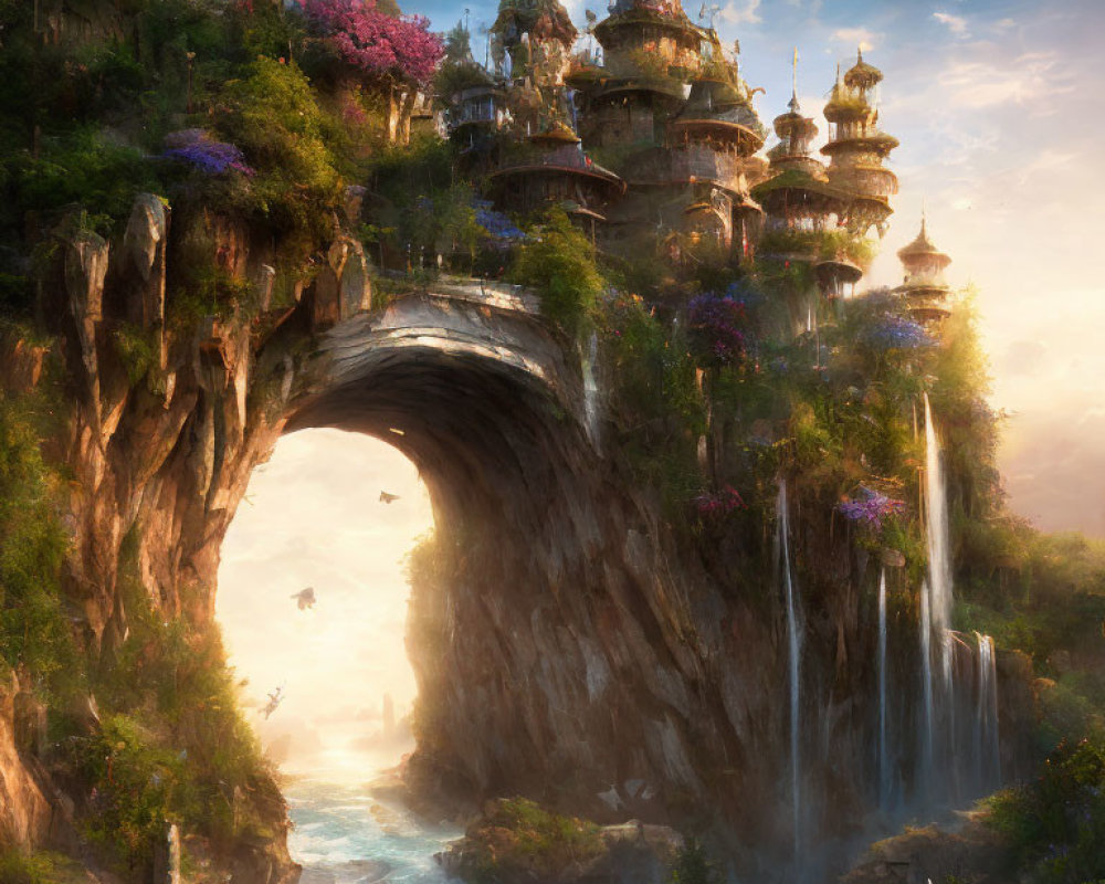 Fantastical landscape with ornate palace on stone arch, waterfalls, greenery, and flying