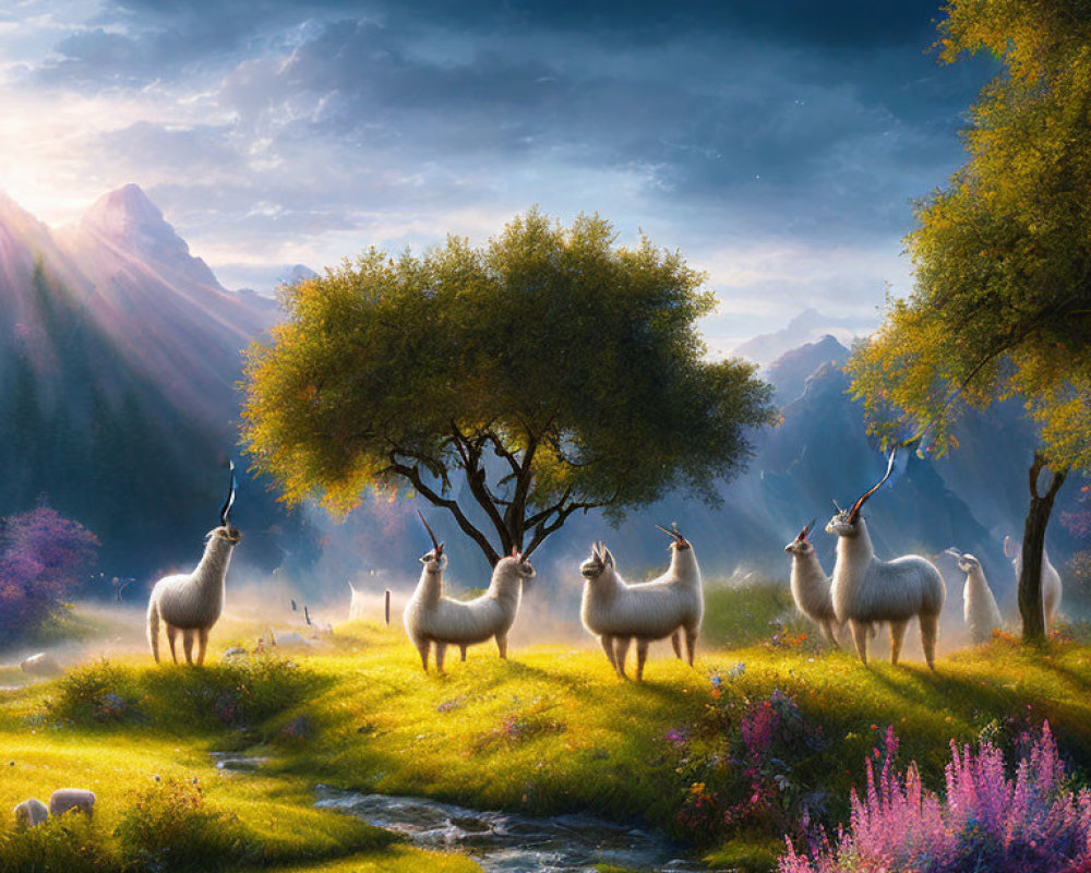 Fantasy landscape with unicorns, stream, lush foliage, and sunbeams