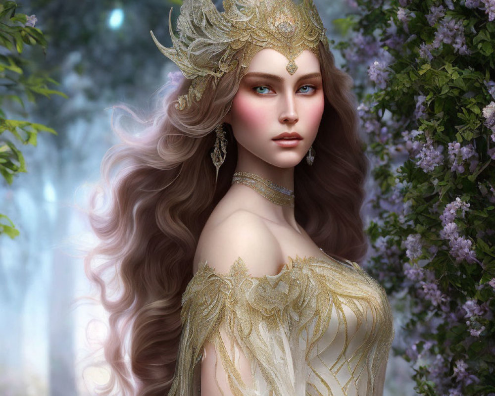 Majestic female fantasy character with golden crown in lilac grove