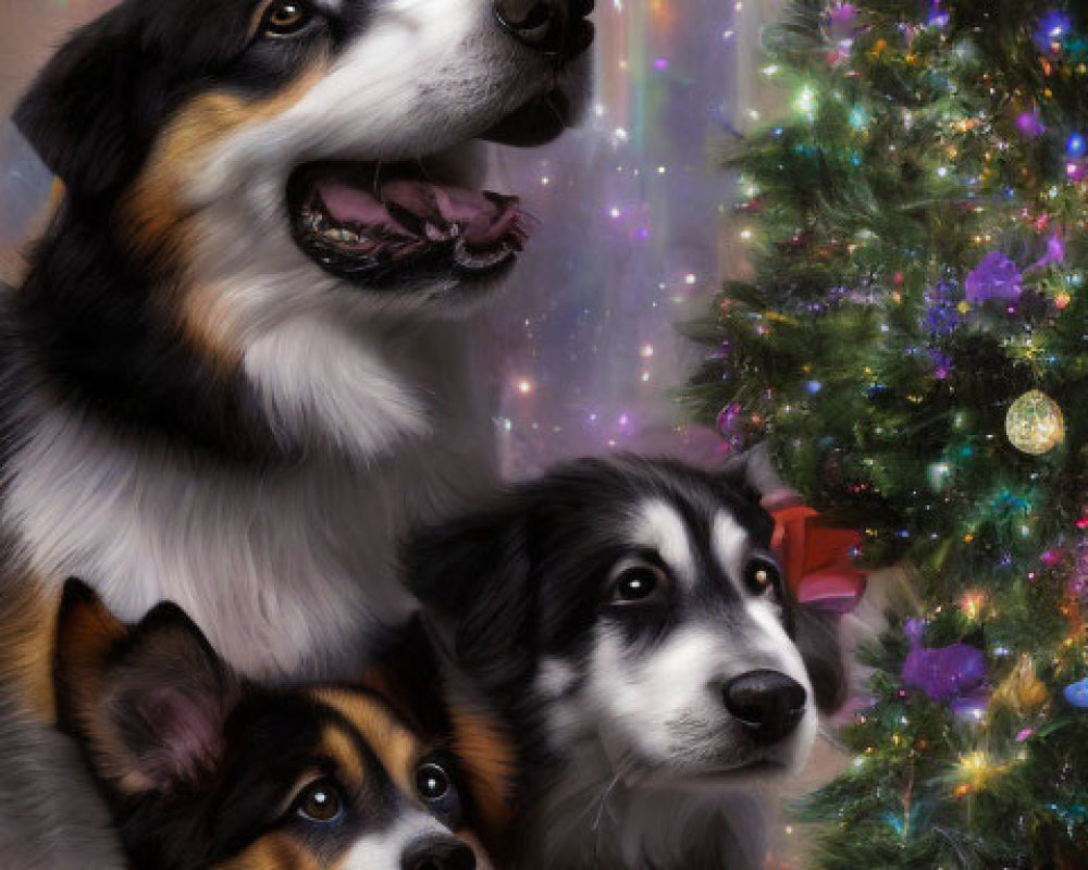 Three dogs near Christmas tree under starry night sky with presents, evoking holiday spirit