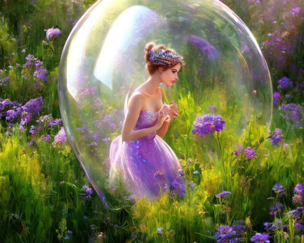 Woman in Purple Dress Sitting in Giant Bubble in Vibrant Meadow