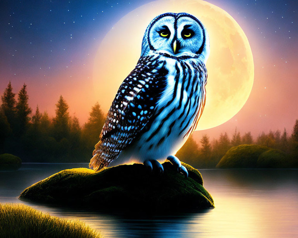 Snowy owl perched on mossy rock under full moon and starry sky