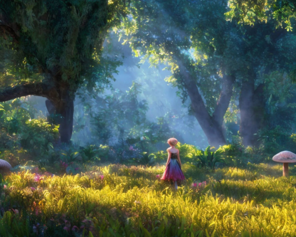 Young girl in pink dress explores magical forest with giant mushrooms and sunlit greenery