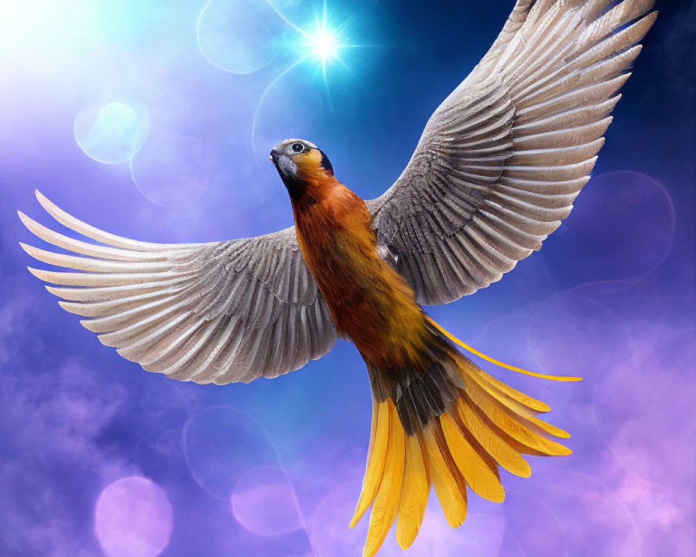 Colorful Bird Flying in Purple-Blue Sky with Sun Flare