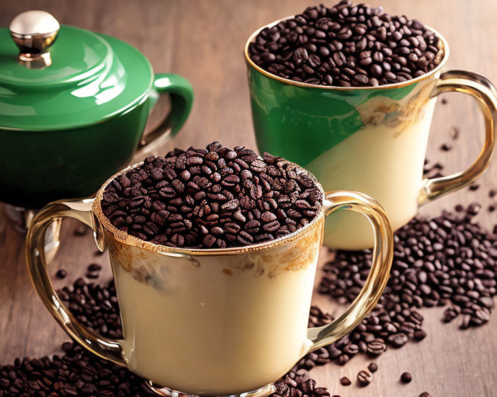Vintage Cups with Coffee Beans and Green Teapot on Wooden Surface