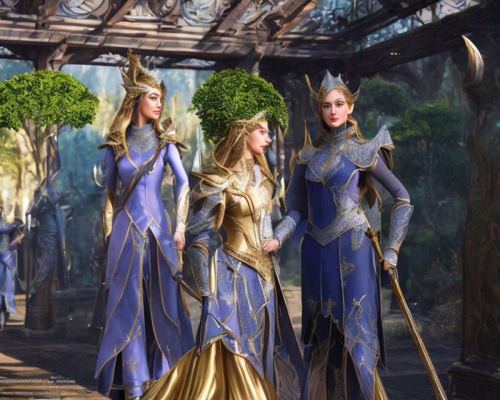 Three women in elaborate fantasy armor under ornate archway in mystical forest