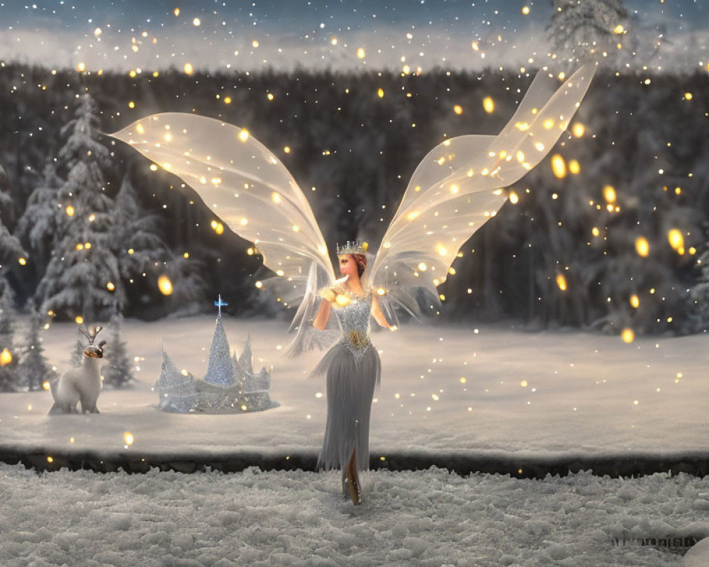 Luminous fairy with crown and castle in snowy forest landscape