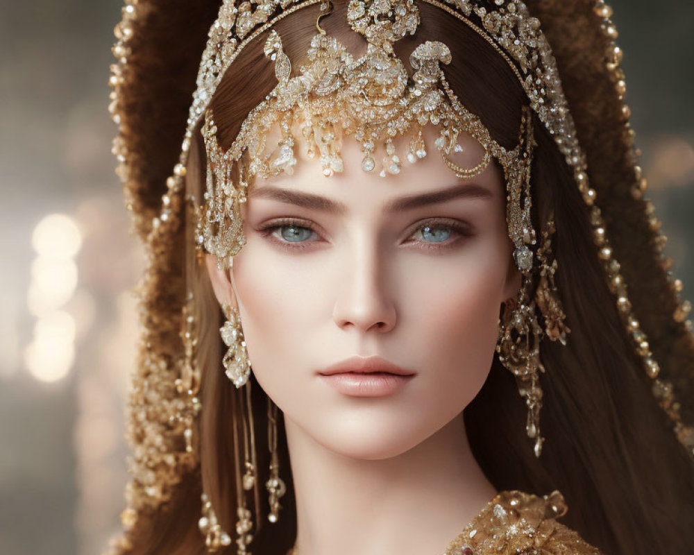 Detailed Jewelry Headpiece and Earrings on Woman in Golden Garment