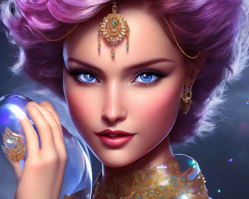 Stylized portrait of woman with purple hair, blue eyes, golden jewelry, crystal ball