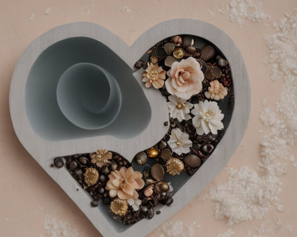 Heart-shaped wooden box with flowers, beads on one side, empty on the other, on beige background