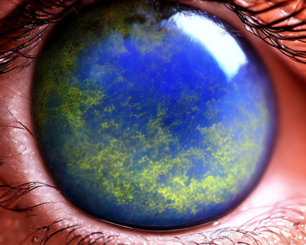 Detailed Close-Up of Human Eye with Vivid Blue Iris and Globe-Like Patterns