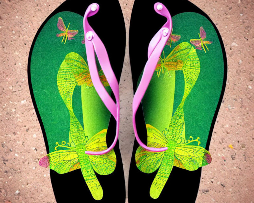 Pink Straps Flip-Flops on Green Leafy Background with Dragonflies