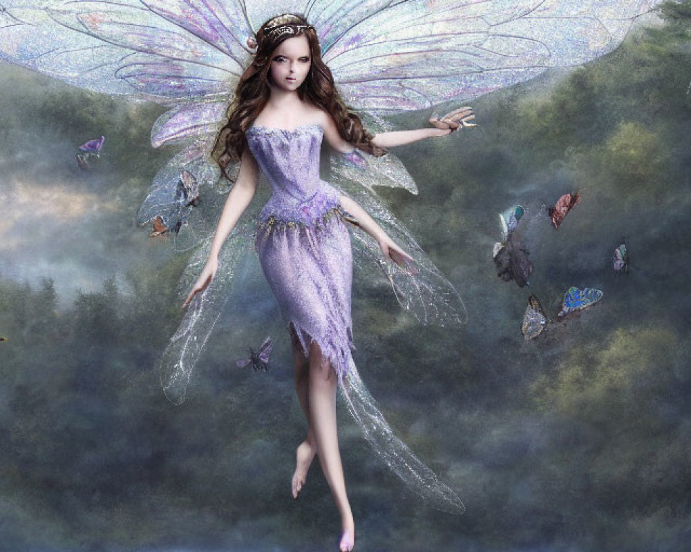 Fairy with delicate wings in purple dress by misty stream