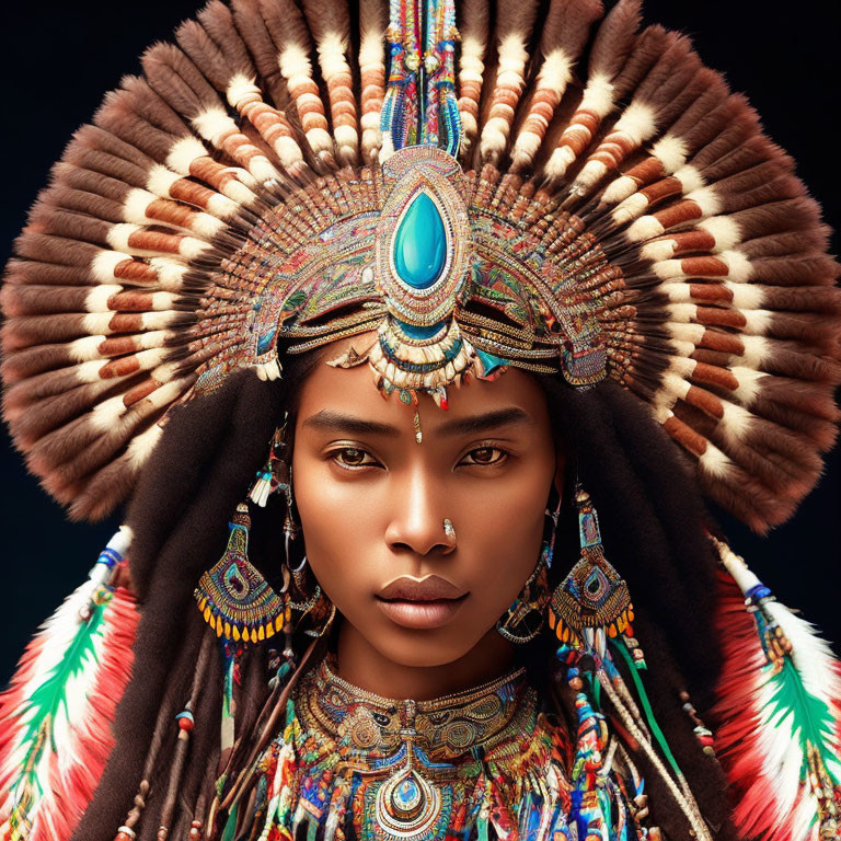 Woman with ornate headdress and turquoise gemstone earrings.