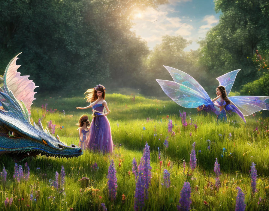 Woman, Child, Dragon, and Fairy in Sunlit Meadow