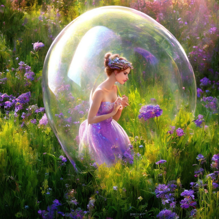 Woman in Purple Dress Sitting in Giant Bubble in Vibrant Meadow