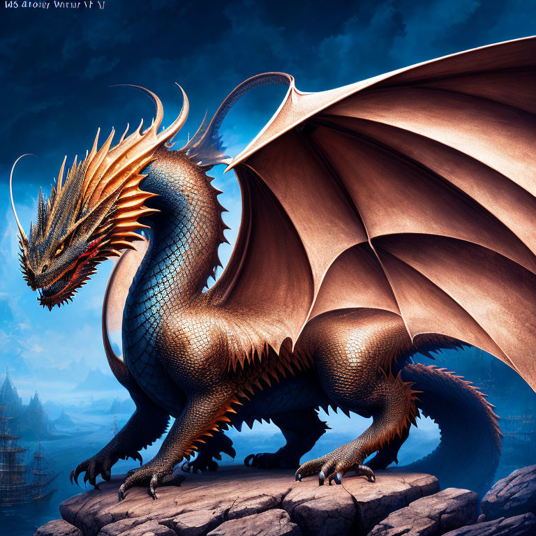 Blue dragon with extended wings perched on rocky outcrop