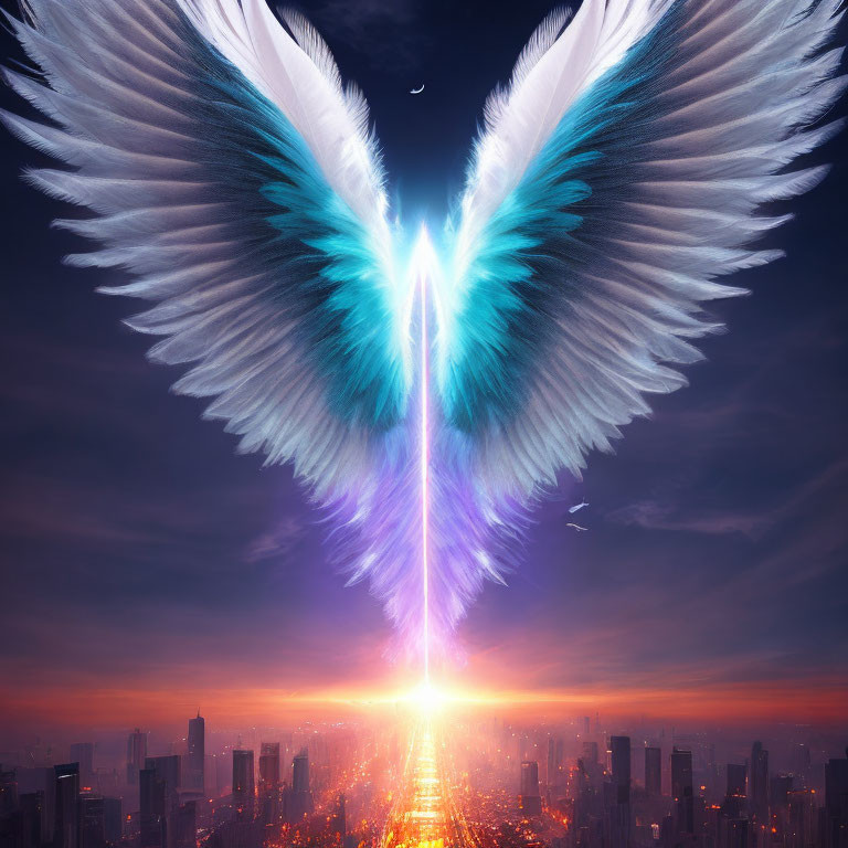 Bioluminescent angel with large wings above cityscape at sunset