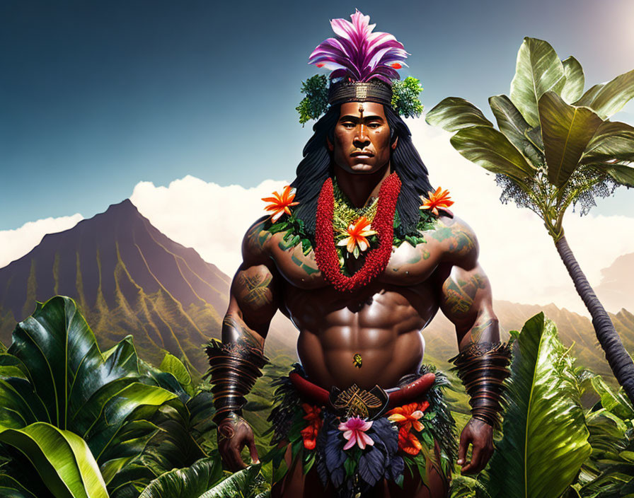 Muscular tattooed man in Polynesian attire against tropical backdrop