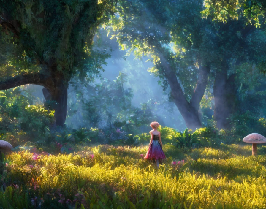 Young girl in pink dress explores magical forest with giant mushrooms and sunlit greenery