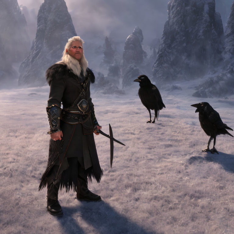 White-Haired Man in Medieval Armor with Crows in Snowy Landscape