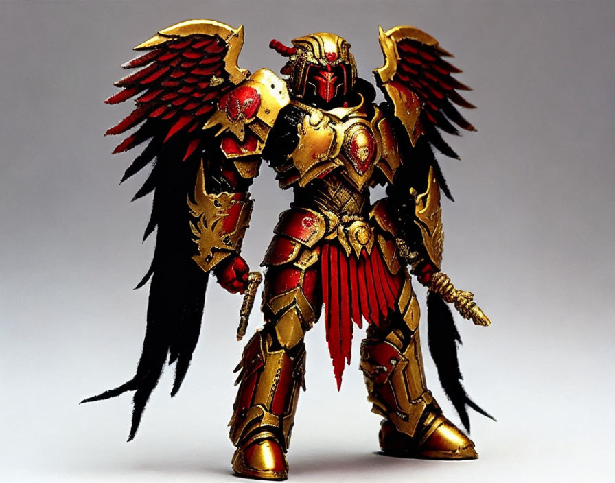 Detailed Warrior Action Figure in Red and Gold Armor with Wing-like Adornments