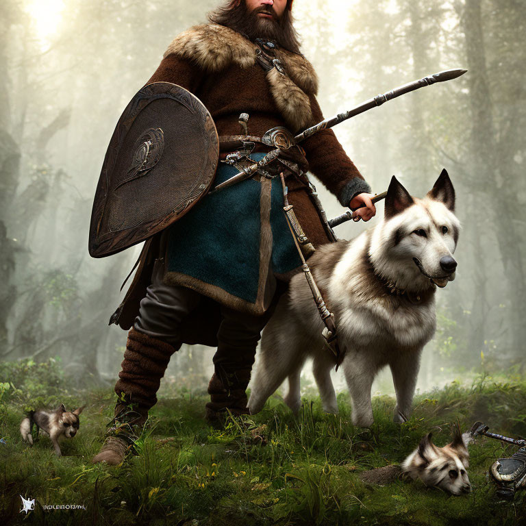 Medieval warrior with shield and sword in forest with white dog and puppies