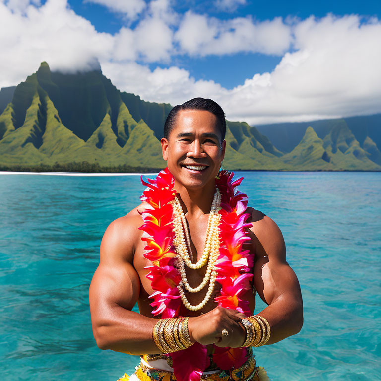 Smiling man in flower lei against tropical landscape