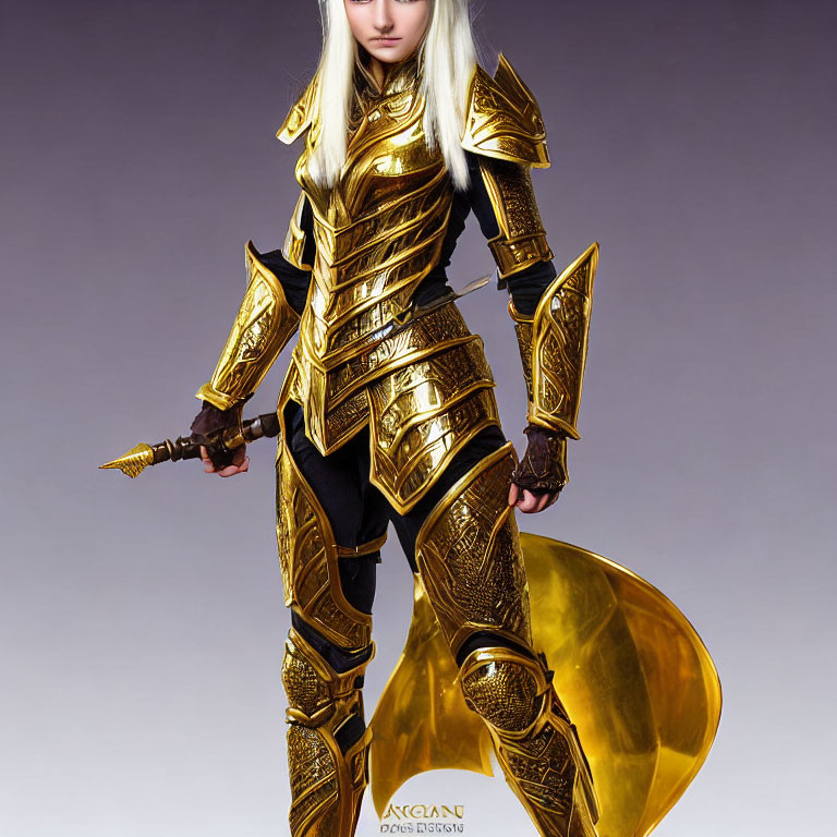 Character in Golden Armor with Dagger and Cape on Purple Background