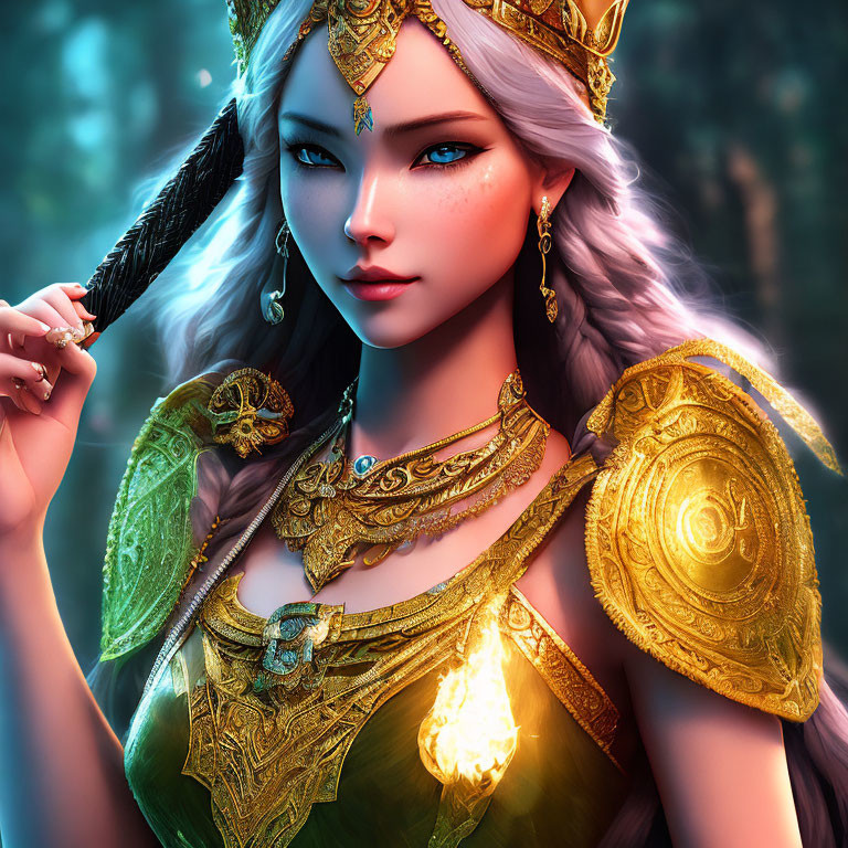 Elven queen portrait with blue eyes and golden armor in mystical forest