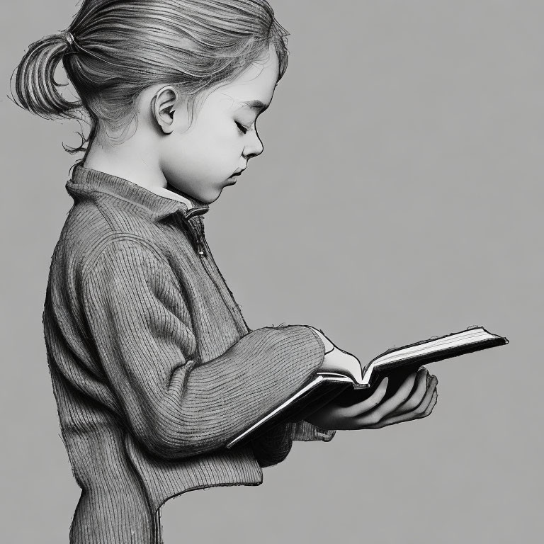 Monochrome drawing of focused girl reading book with tied hair and zipped jacket