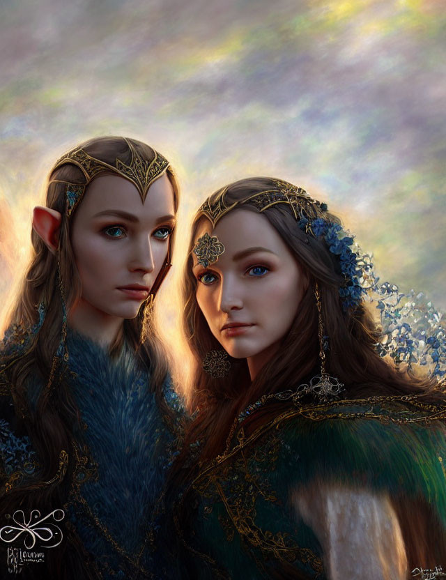 Fantasy elves with ornate crowns in colorful sky