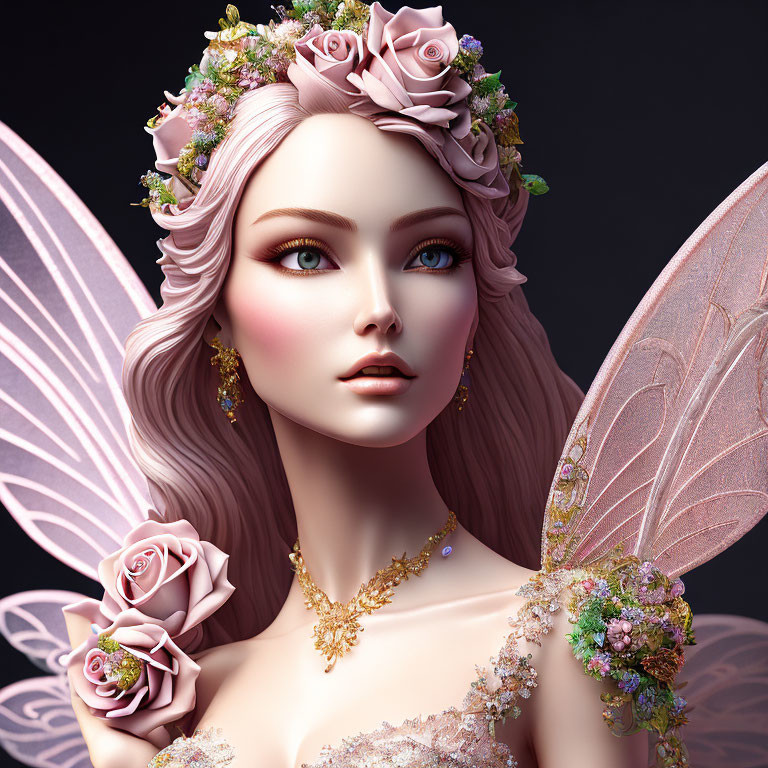 Digital artwork: Fairy with pink wings, floral crown, gold jewelry on dark background