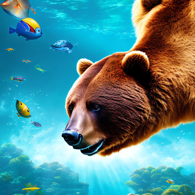 Bear's Head in Blue Underwater Scene with Tropical Fish