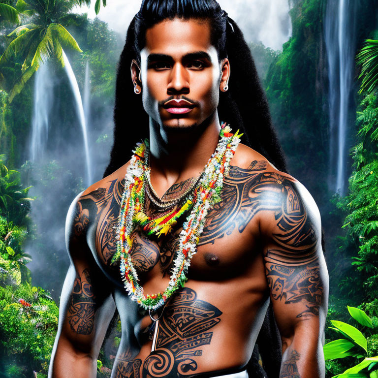 Traditional Polynesian tattoos man with lei and tribal necklaces by waterfall