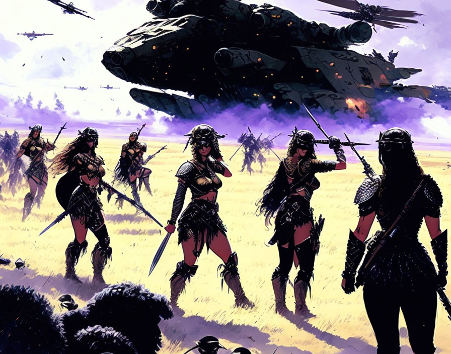 Armored warrior women with swords in futuristic battle scene
