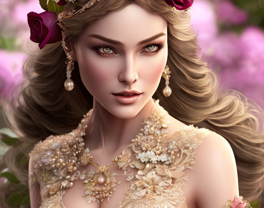 Detailed portrait of a woman in intricate jewelry and lace attire with a flower crown, set against soft pink